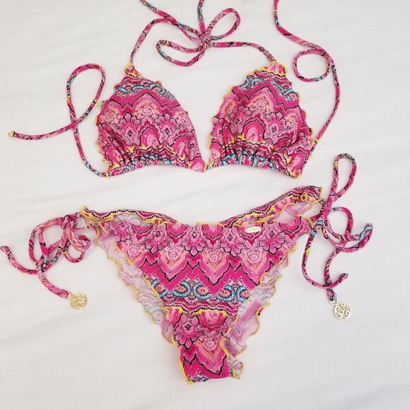 Luli Fama Hot Pink & Turquoise Summer Fling Bikini Set with Cover Up Mini Dress - Picture 7 of 16